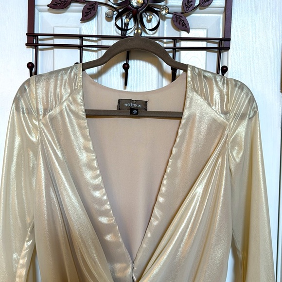 4S13NNA Champagne Metallic Bodysuit w/ Deep V-Neck, Puffed Sleeves & Sash - Picture 3 of 11